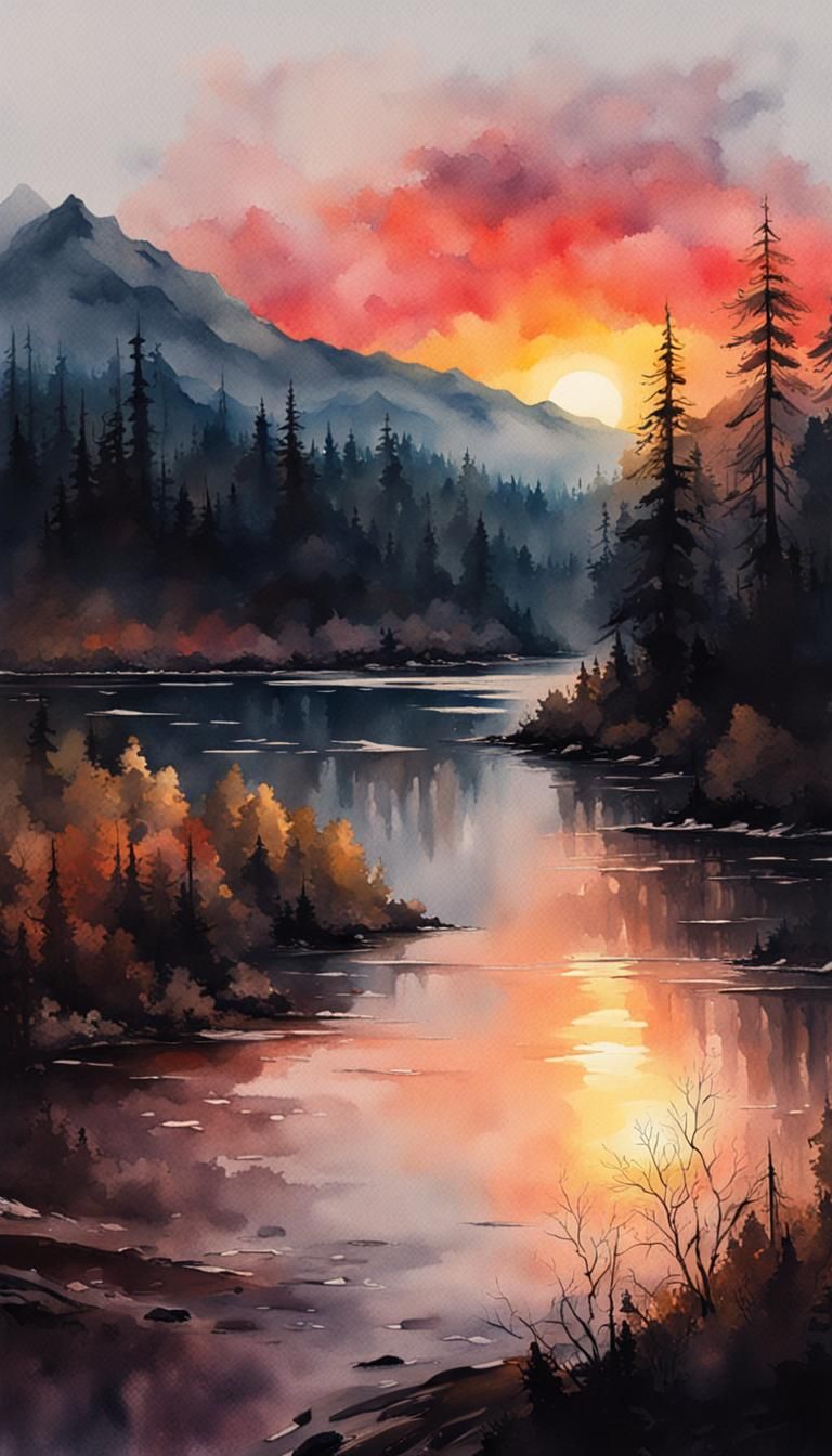 Mountains at Sunrise: Detailed Watercolor Painting