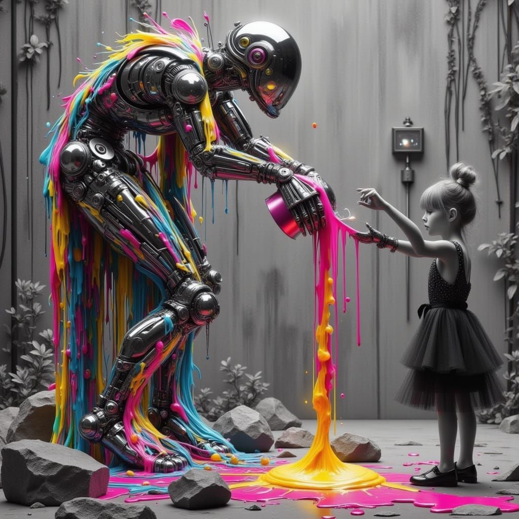 ((droid-type robot, highly detailed, metallic, pouring a bucket of bright, colorful paint))::1.7, ((onto a girl in a formal dress, elegant, ...