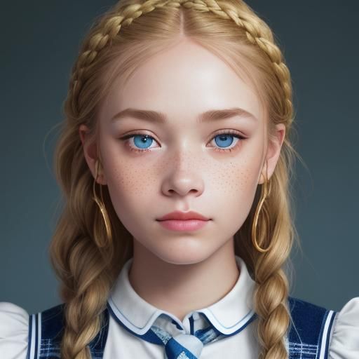 a Scandinavian young girl in golden french braids and with g...