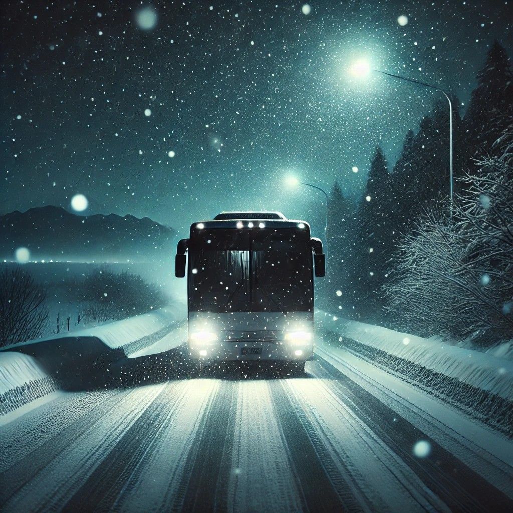 A passenger bus during a snowy night