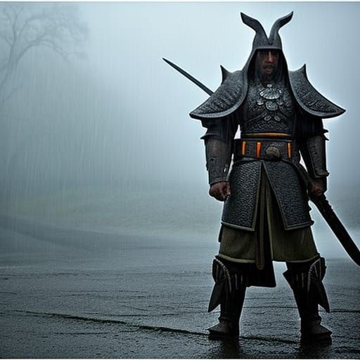 Stone warrior in rain