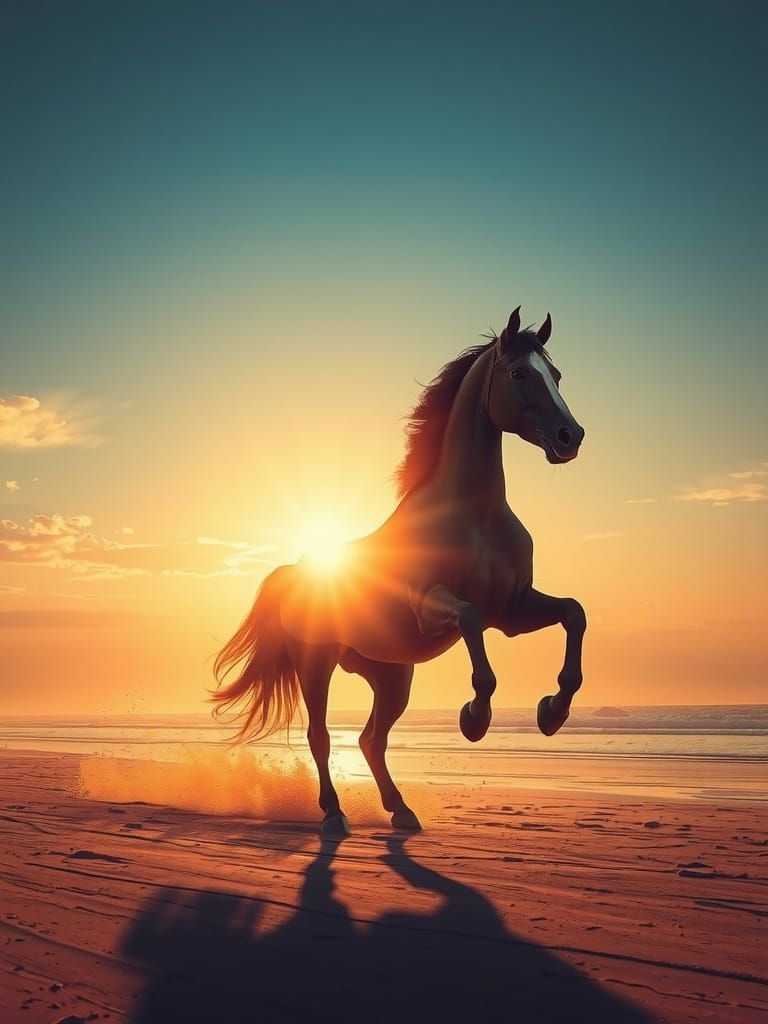 Horse silhouette+beach sunset Double exposure horse: by Bastien Lecouffe Deharme : jeremy mann : andree wallin : deep depth of field : brigh...