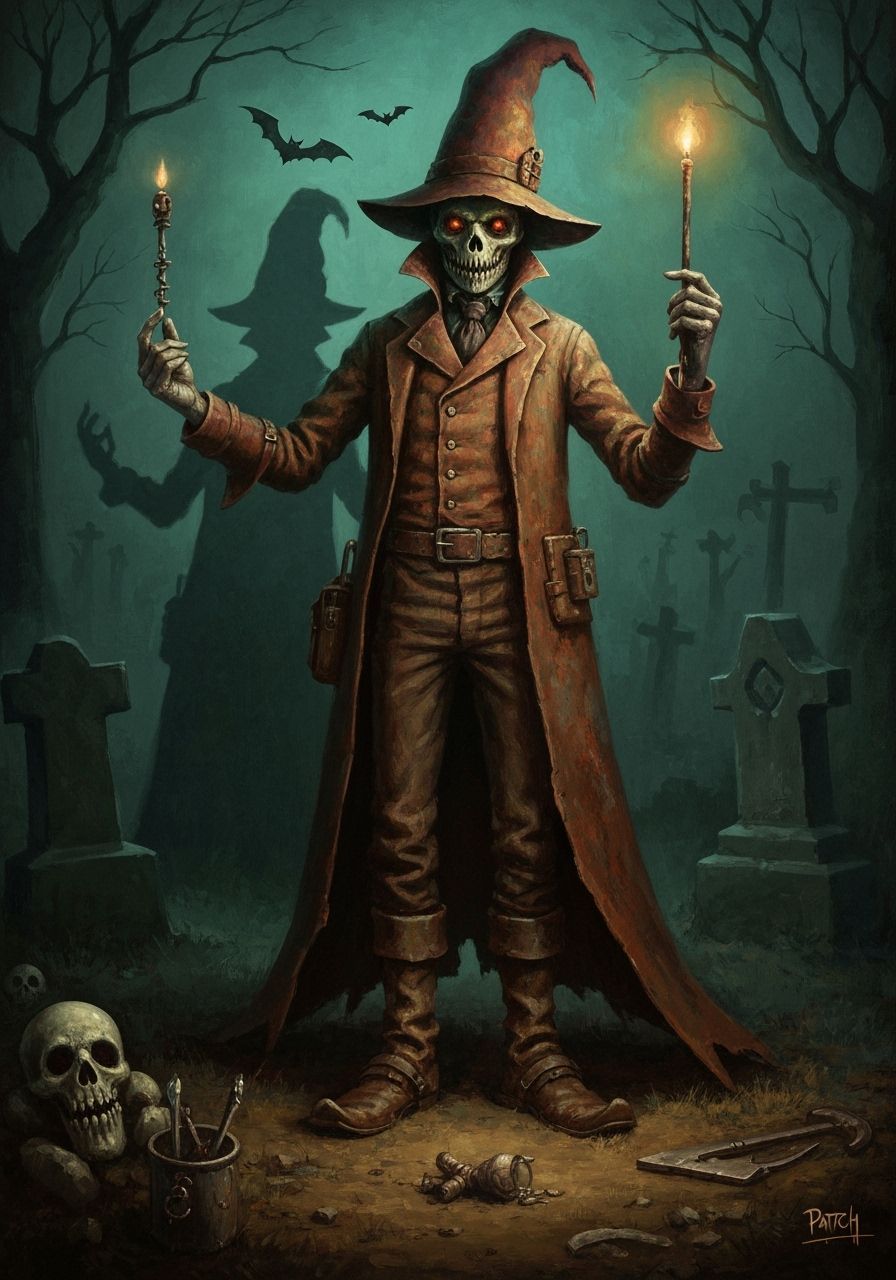 Design Notes:* Halloween bleeds through in Patch’s liminal existence—born on the night when worlds blur, his profession thrives on threshold...