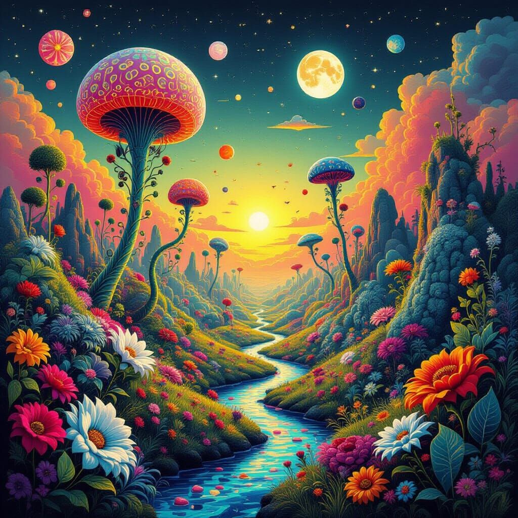 Surreal Alien Landscape with Strange Flora and Fauna
