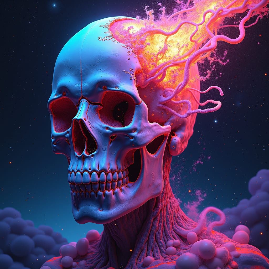 Psychedelic Skull Dissolving into Cosmic Universe