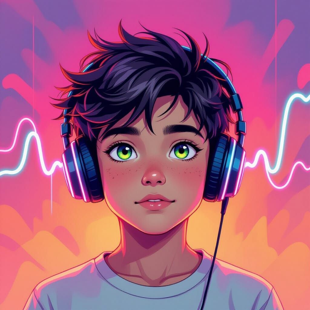 Neon-Eyed Boy With Headphones in Vibrant Musical Style