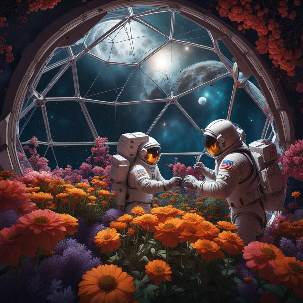 Three men in spacesuits tending to the flowers in a geodesic...