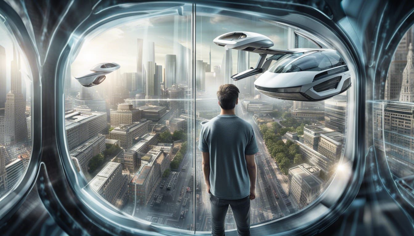 man looking through a large glass window onto a futuristic c...