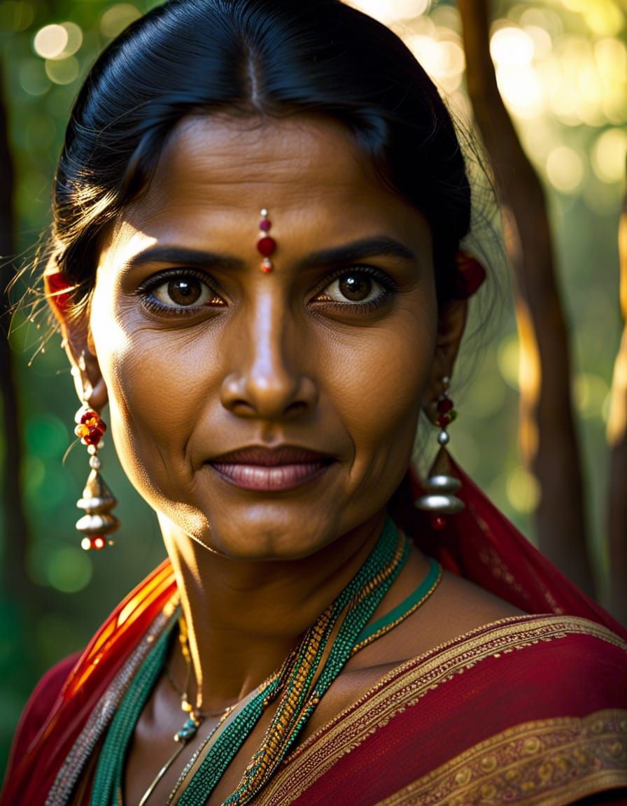 Portrait of a beautiful Indian village woman in forest in Himachal pradesh, clear facial features, cinematic, ...  by @Gagambaboy
