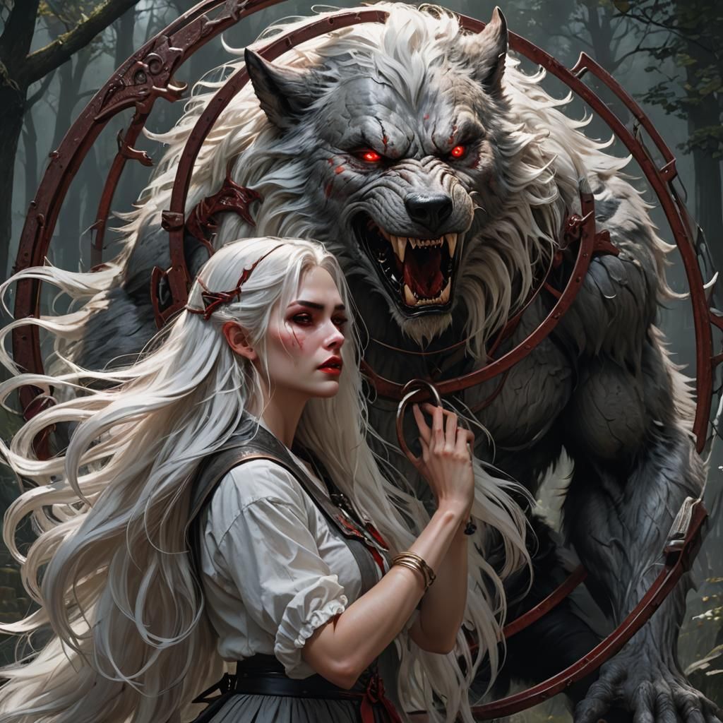 an ultra-mega huge werewolf with red eyes from behind is try...