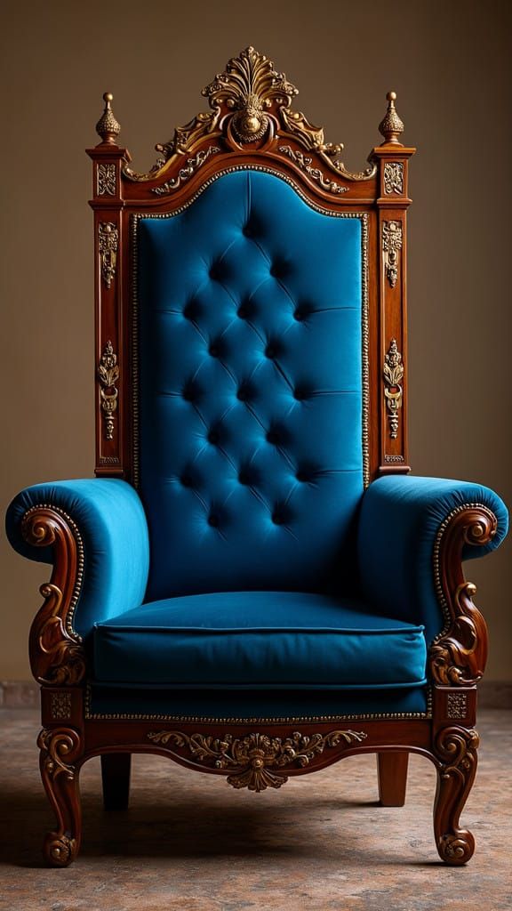 Majestic Royal Throne with Intricate Carvings and Velvet Uph...