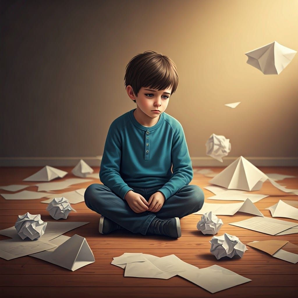 Young Boy Lost in Origami Paper World