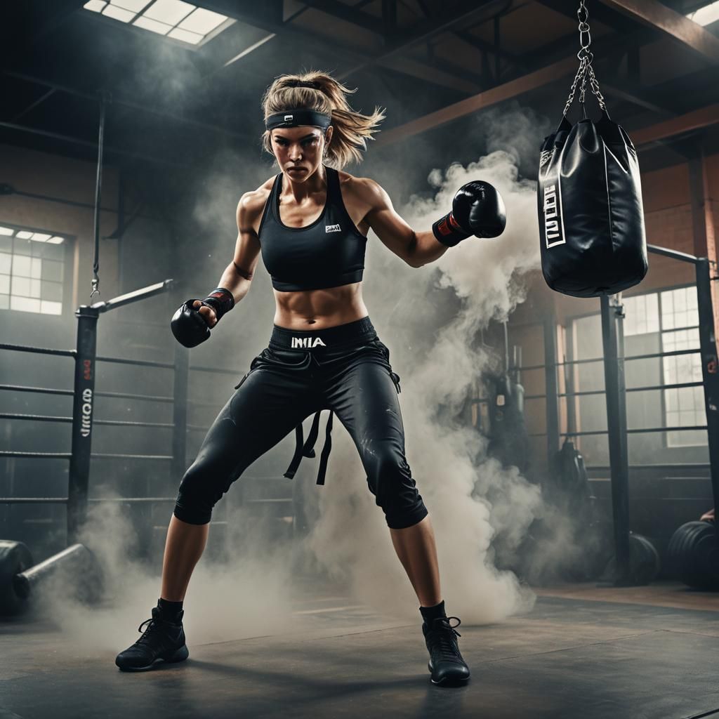 A sterned faced model female in a gym wears black two piece with black headband, wearing black gloves.  A misty smoke fills t...
