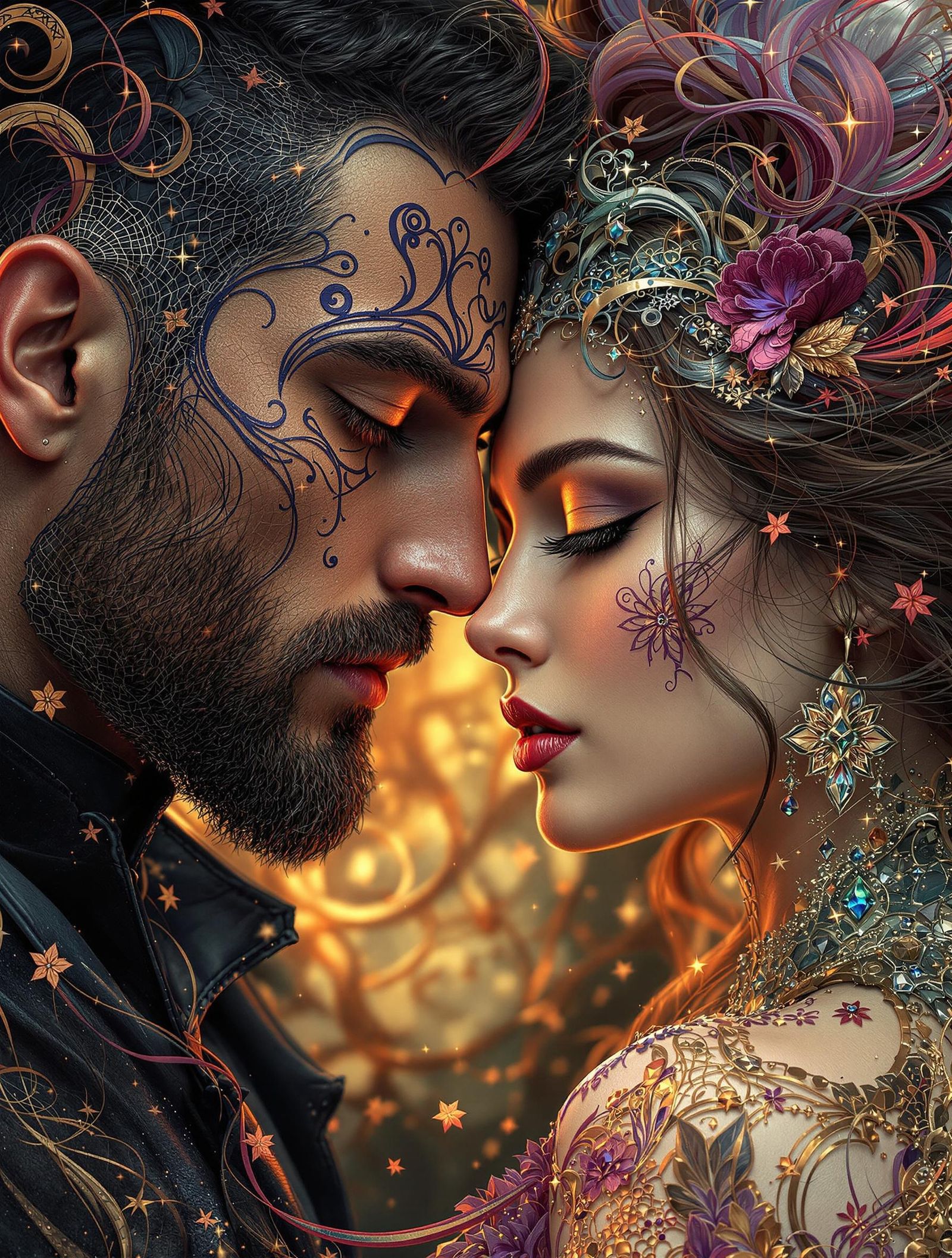 Head and shoulders portrait of a man and woman intricately detailed