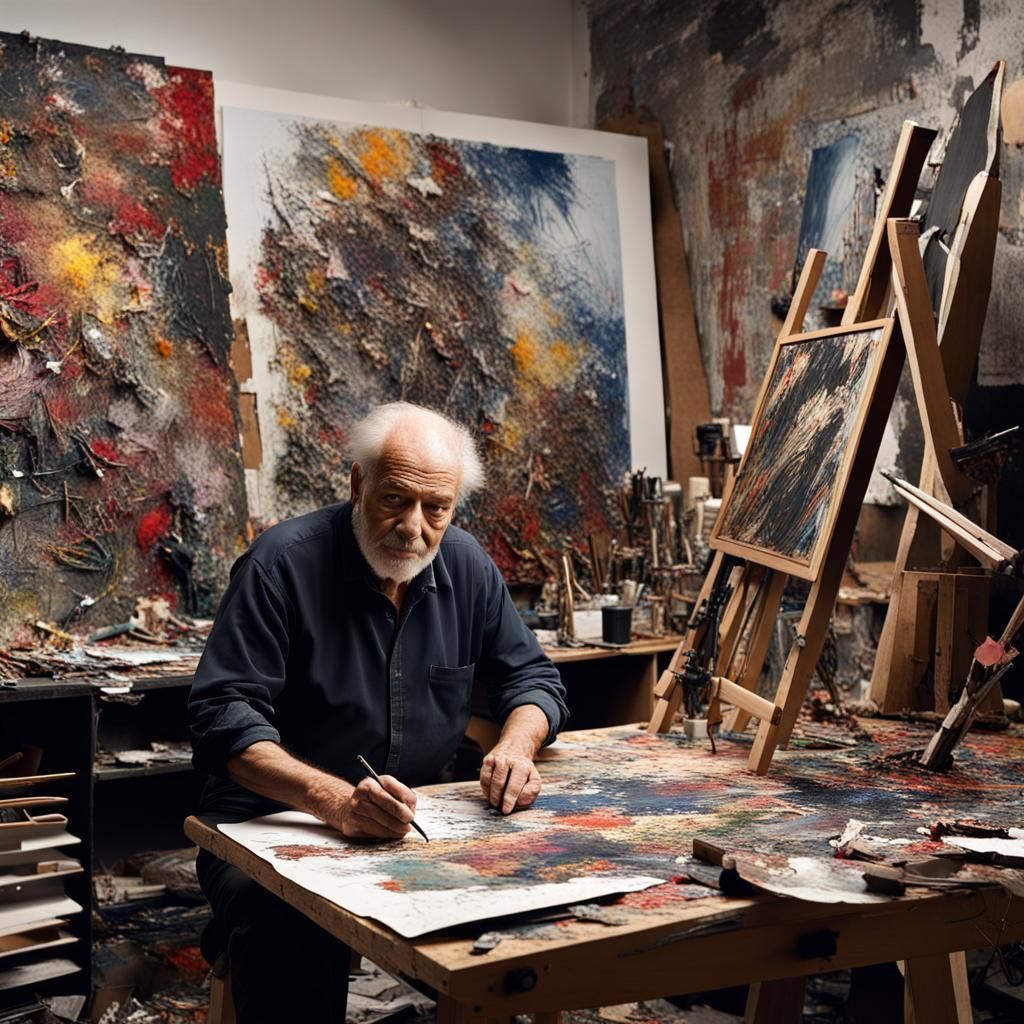 The artist creating in his art studio