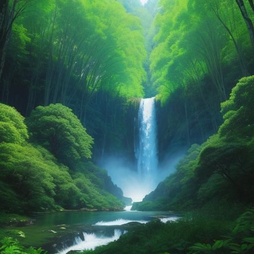 A stunning photograph of a fairy tale-like forest scene. Tow...