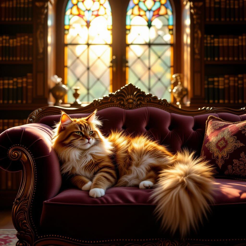 Cinematic medium shot of a fluffy ginger cat lounging on a plush velvet sofa in a sun-drenched, enchanted ...  by @Luminis