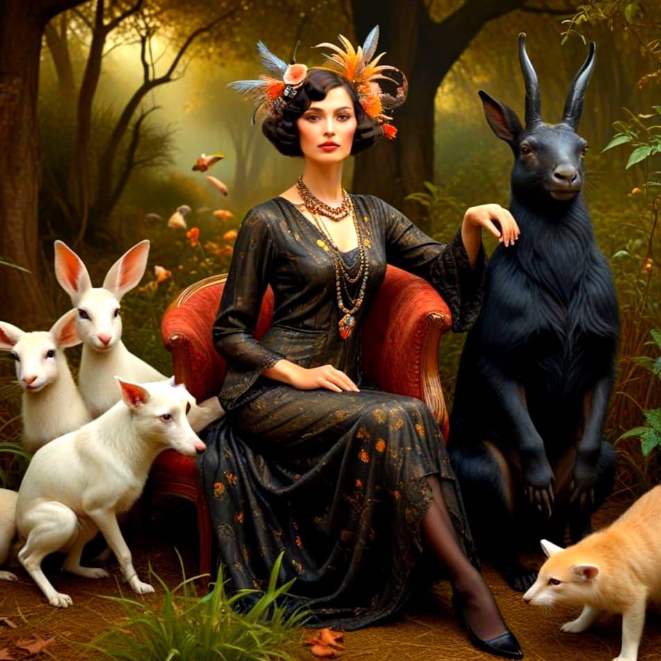 Glamorous 1920s Lady in Whimsical Surreal Landscape