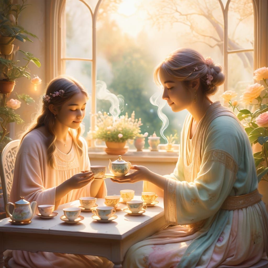 A lightworker teaching a student divine alchemy while sipping tea in a cozy room overlooking a garden.