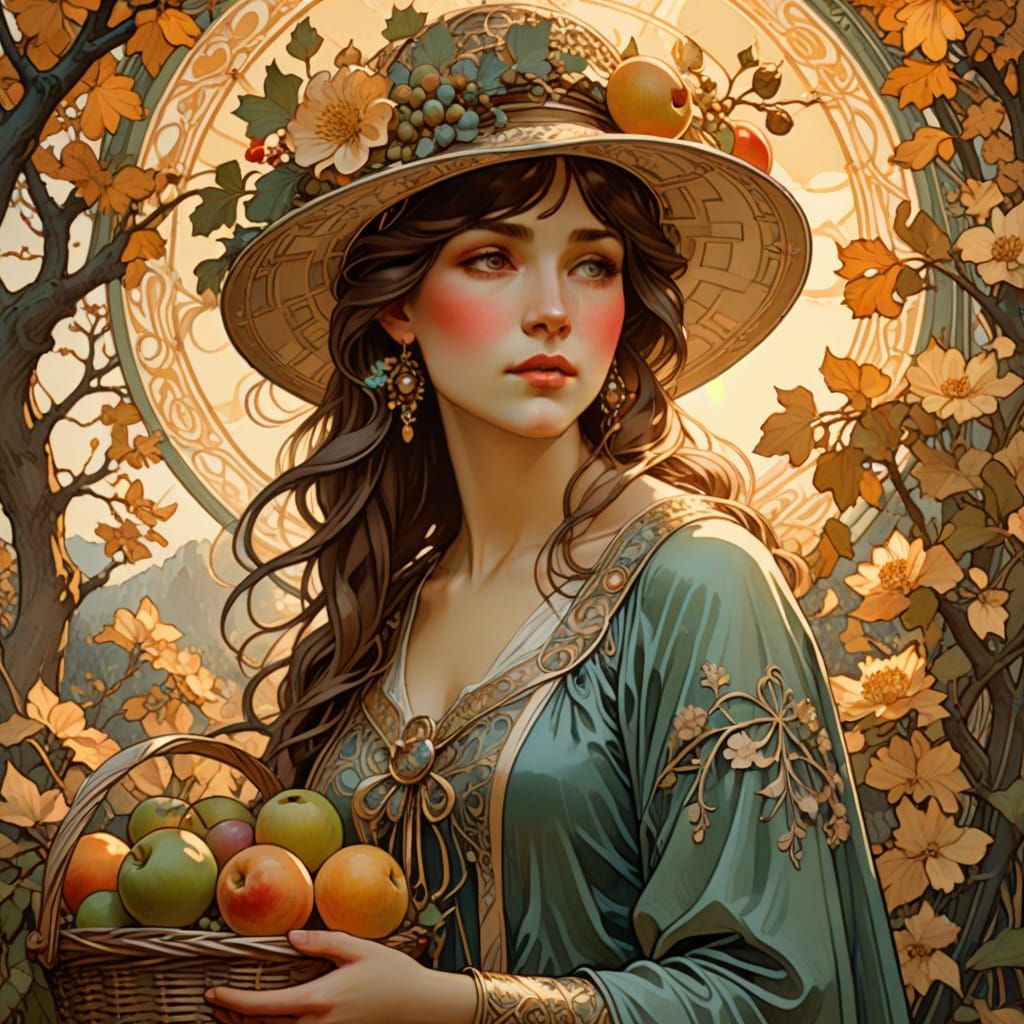 Graphic novel style. Medium shot. A woman wearing an ornate, wide-brimmed hat adorned with flowers, standing in a sun-dappled garden. Her ex... - Start Image 1