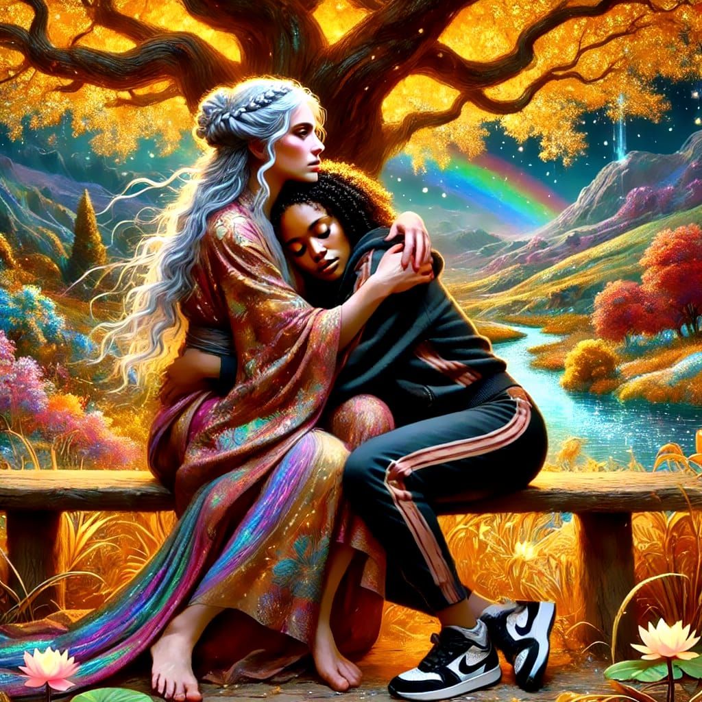 Hug under the rainbow tree