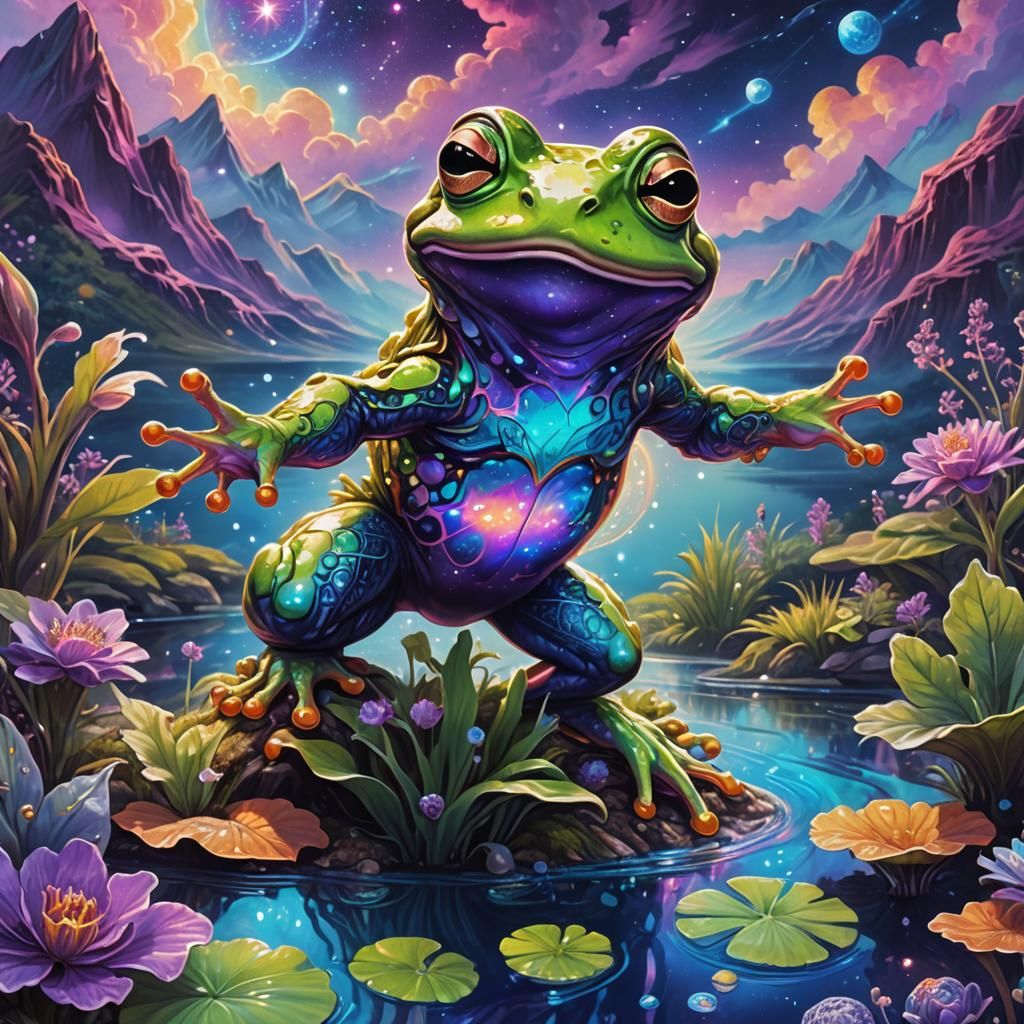 Cute Frog in Astral Landscape by Pablo Amaringo