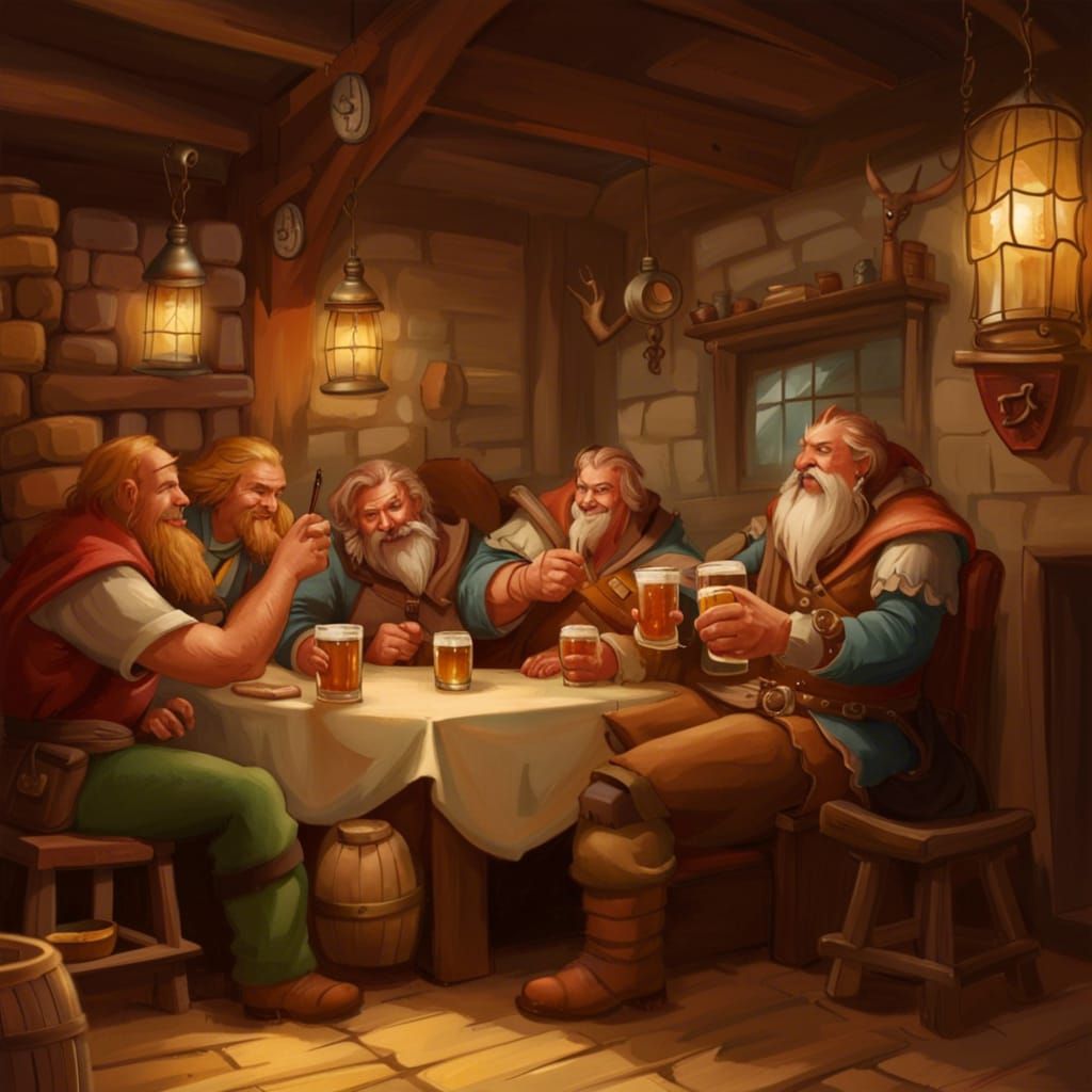 Old friends drinking around a table in a tavern