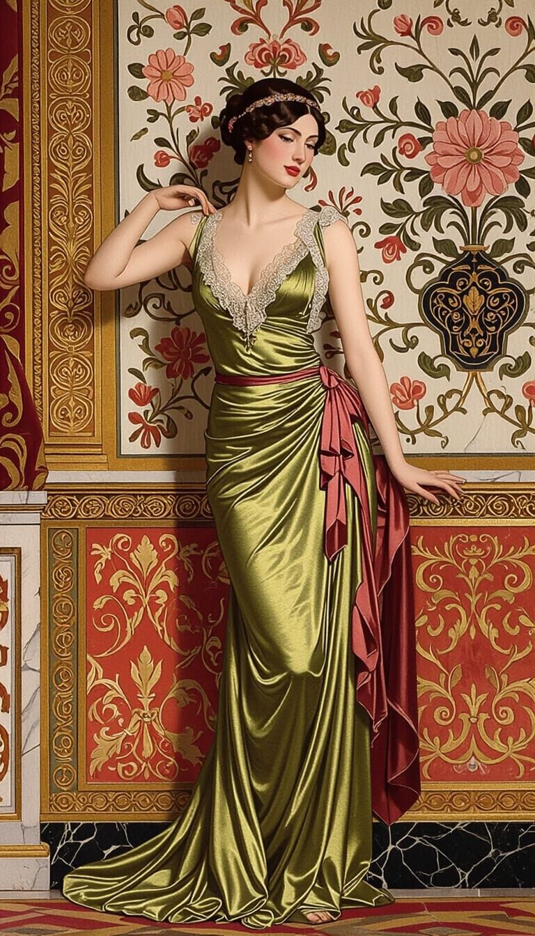 This artwork portrays a woman in a lavish, classical setting, painted in a richly detailed, almost Victorian or Romantic style. She stands g...