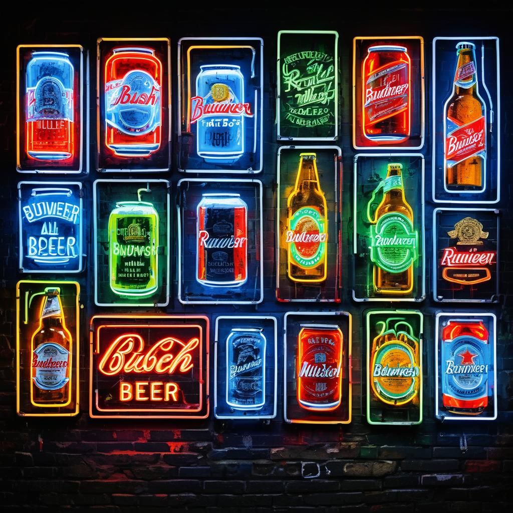 Bar wall with all the beer neon signs hanging on it. (Budweiser, Busch, rainier, miller) lighted neon signs
