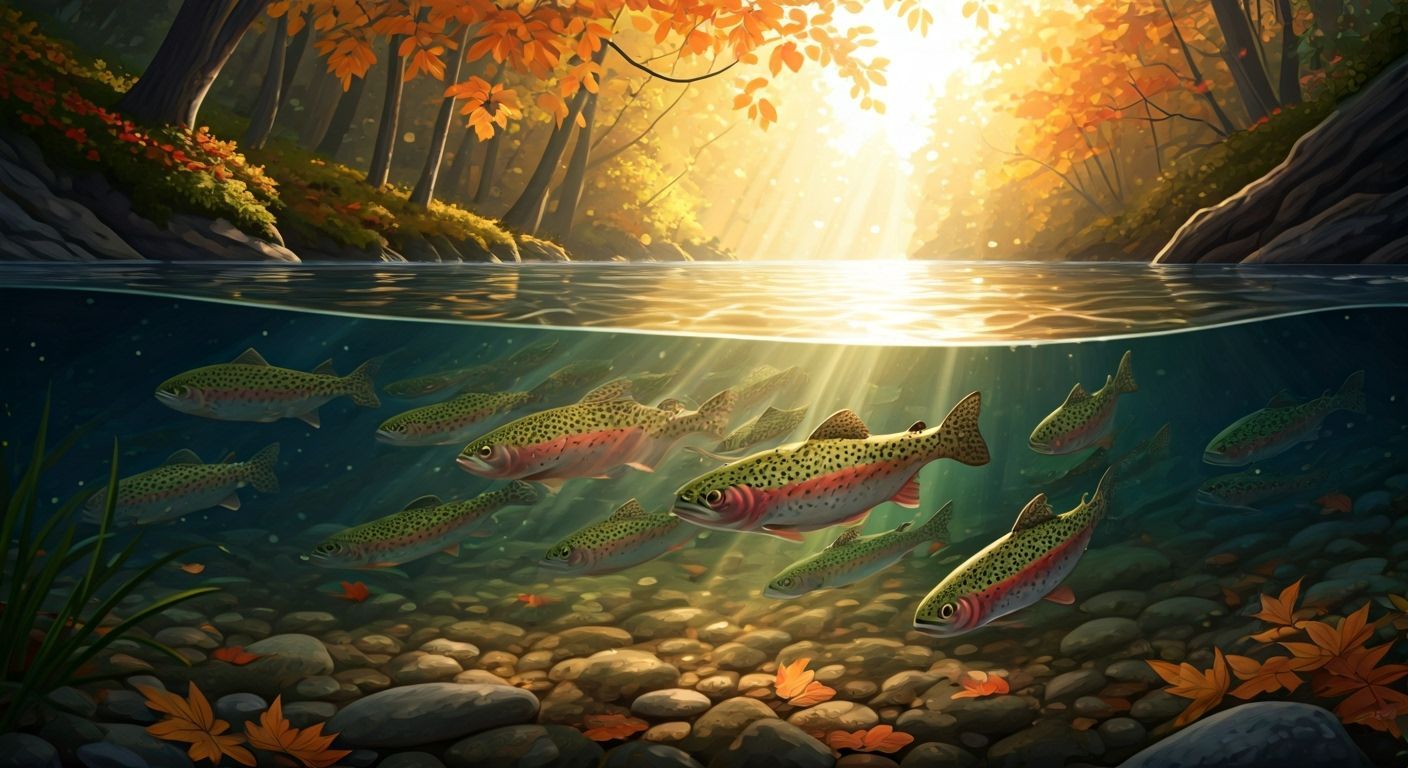 Rainbow trout school in an autumn forest stream.