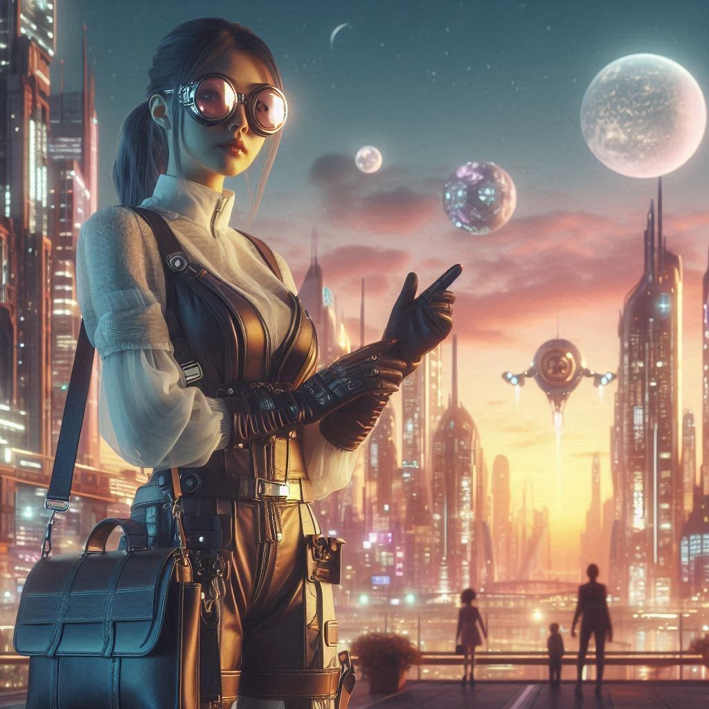 Young asian Woman with a leather costume, safety goggles, a bag and leathergloves standing in the street of a futuristic...