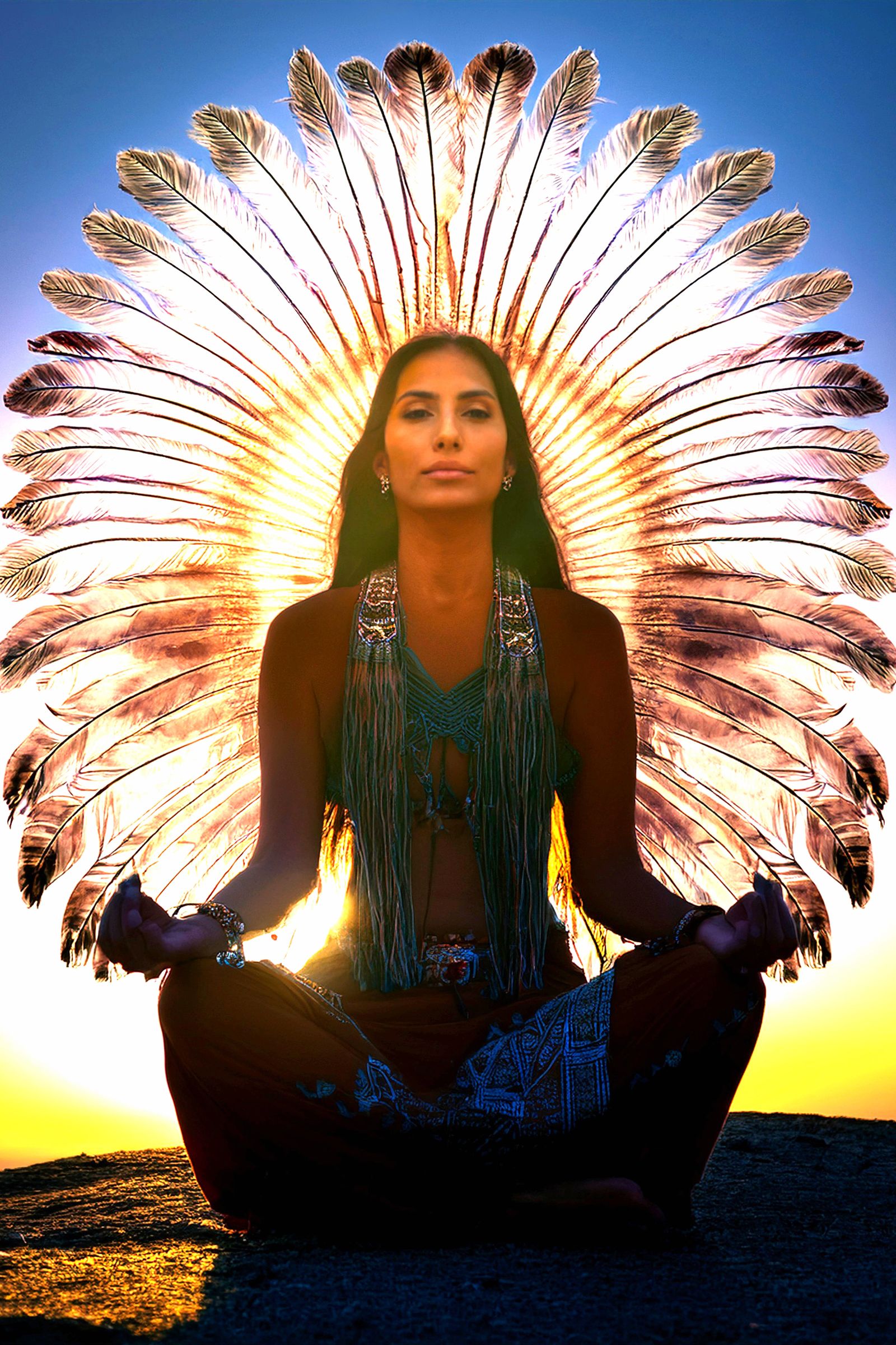 A double-exposure silhouette of a Native American