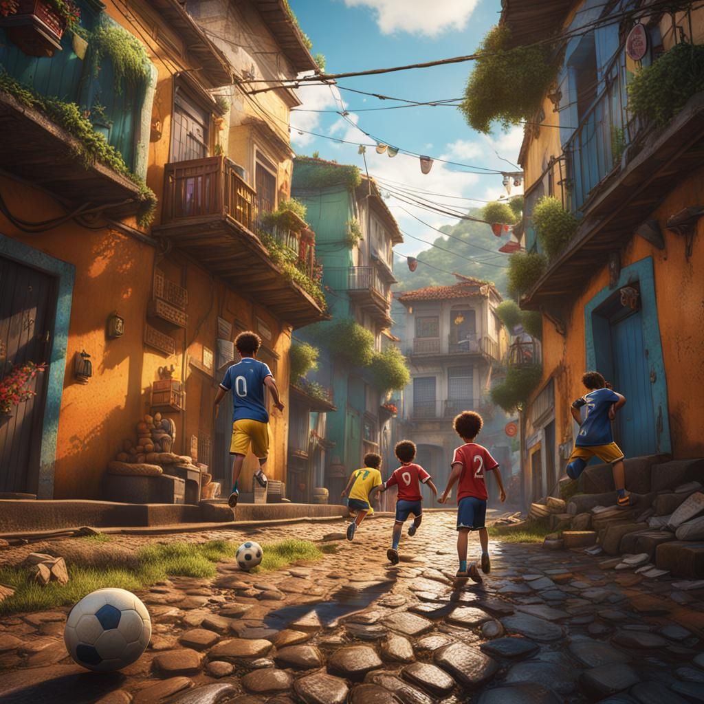 the streets of brazil with kids playing around in it plaayin...