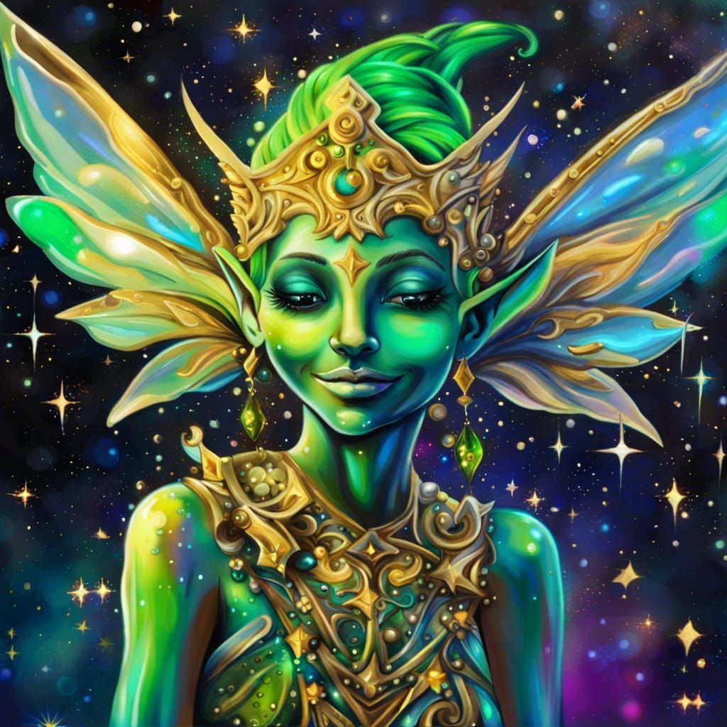 enchanted green elf with fairy wings, golden adornments, beautiful ...