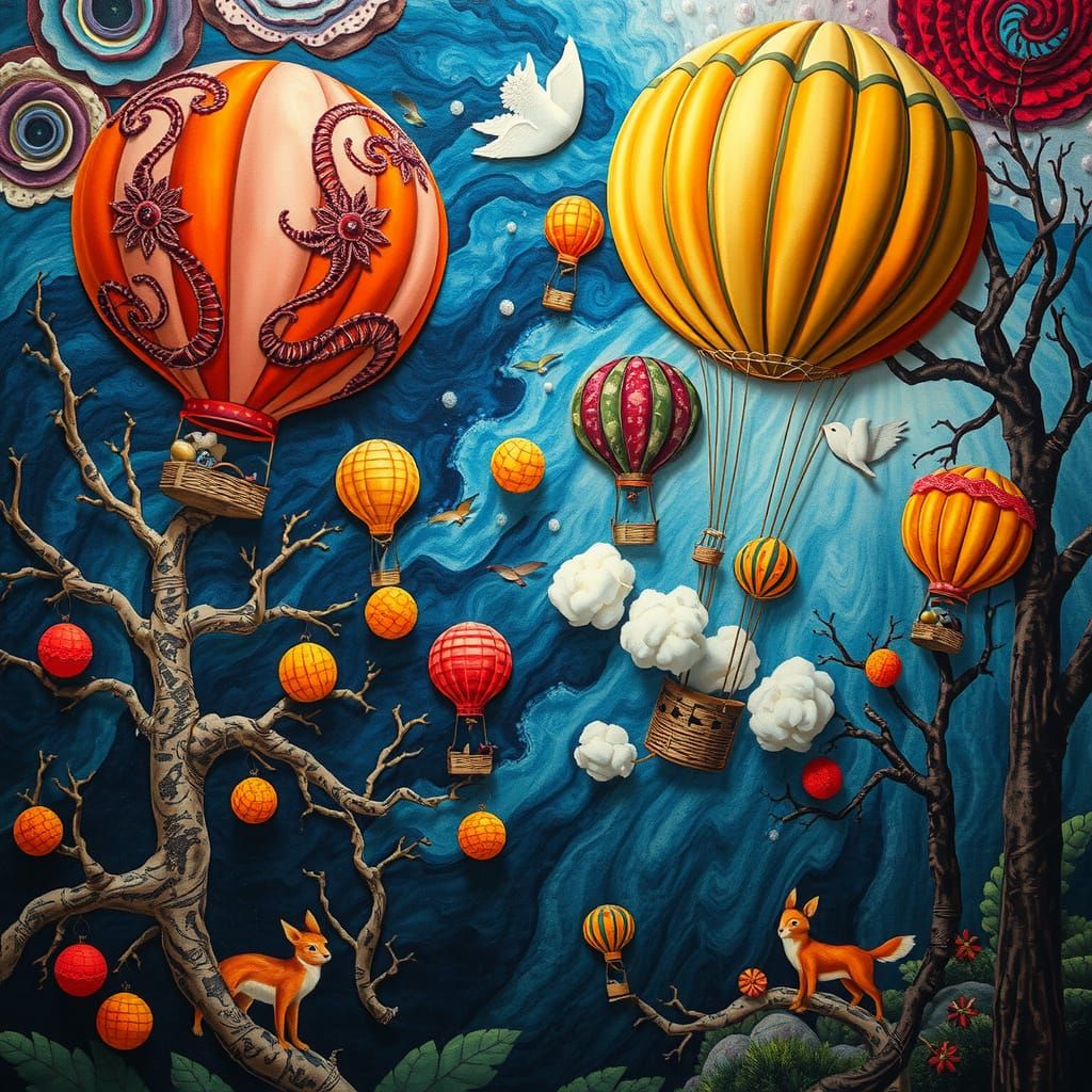 In a gallery lost to time, a surreal artwork comes to life: a massive mixed media tapestry depicts a ...  by @Zelo