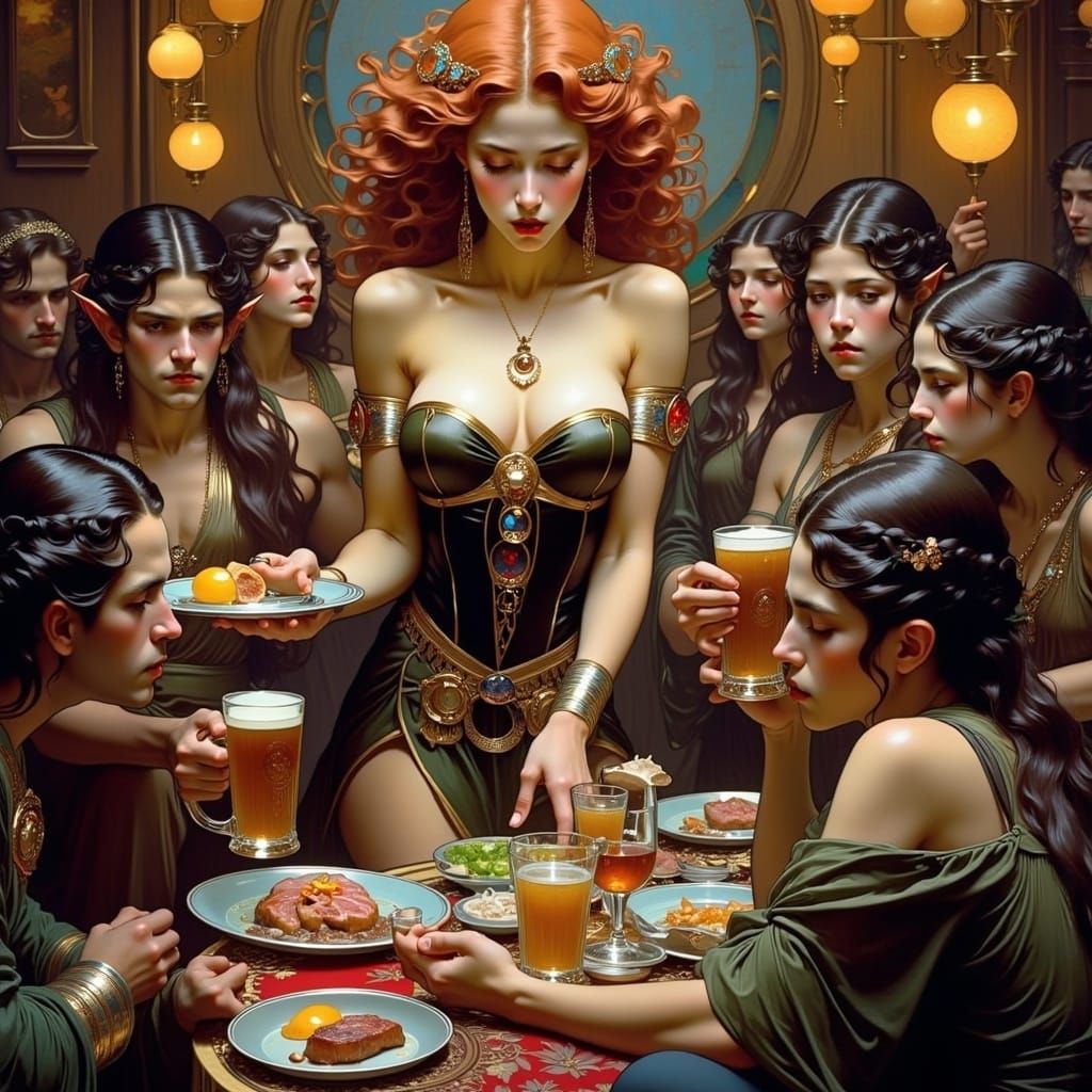 A tavern-girl serving a table of rough looking elves.