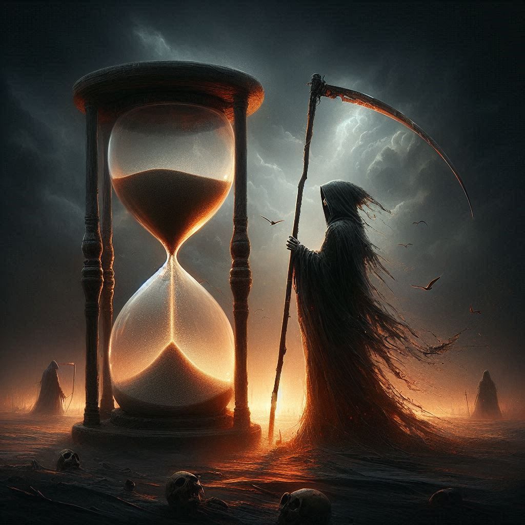 person with a scythe standing next to a hourglass