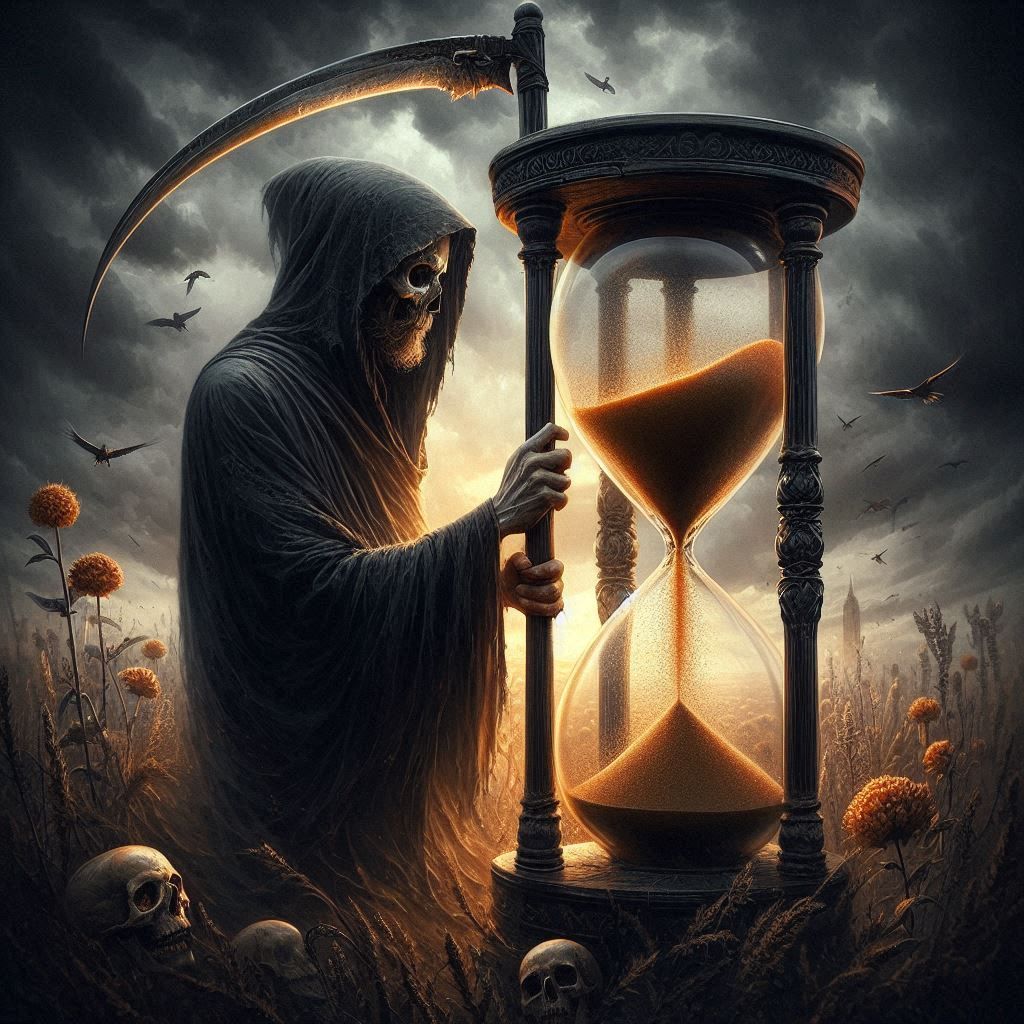 person with a scythe standing next to a hourglass