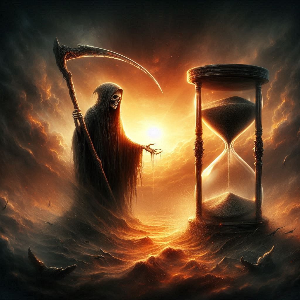 person with a scythe standing next to a hourglass