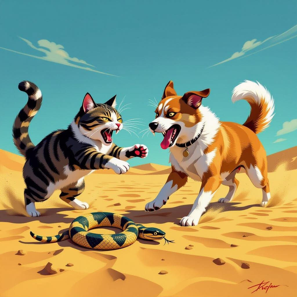 Cat and Dog Battle for Snake in Desert