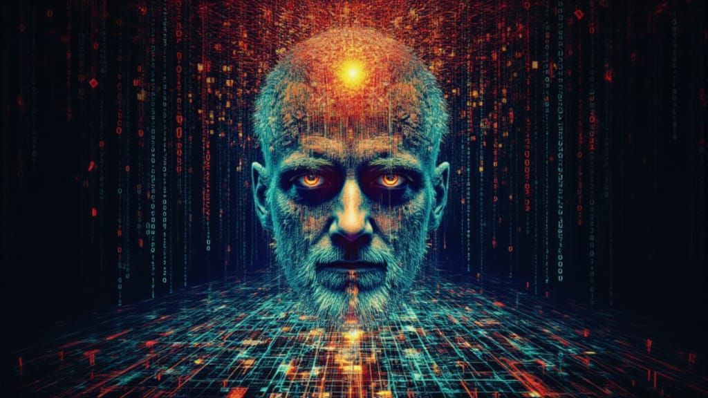 Binary code ASCII art, A mindscape where thoughts manifest as different feelings expressed on faces that grow from A single, serene human fa...