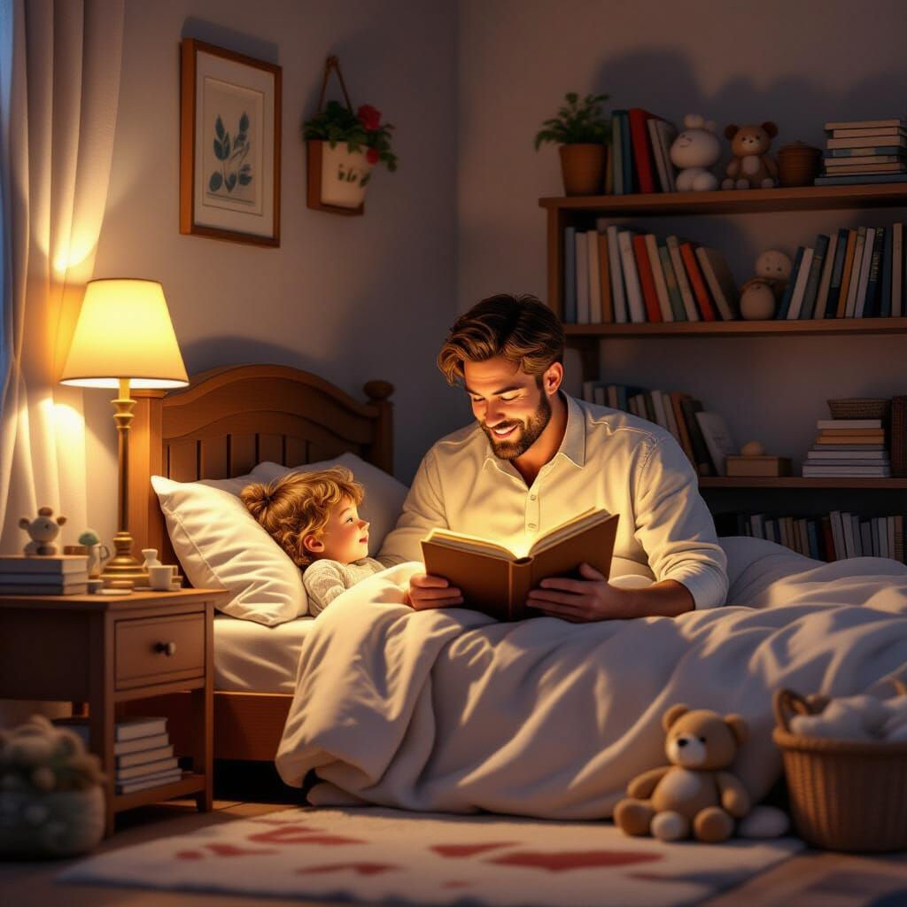 imagine a cozy scene of bedtime stories, with a child tucked in and dad mid-story, illuminated by the ...  by @Thyke
