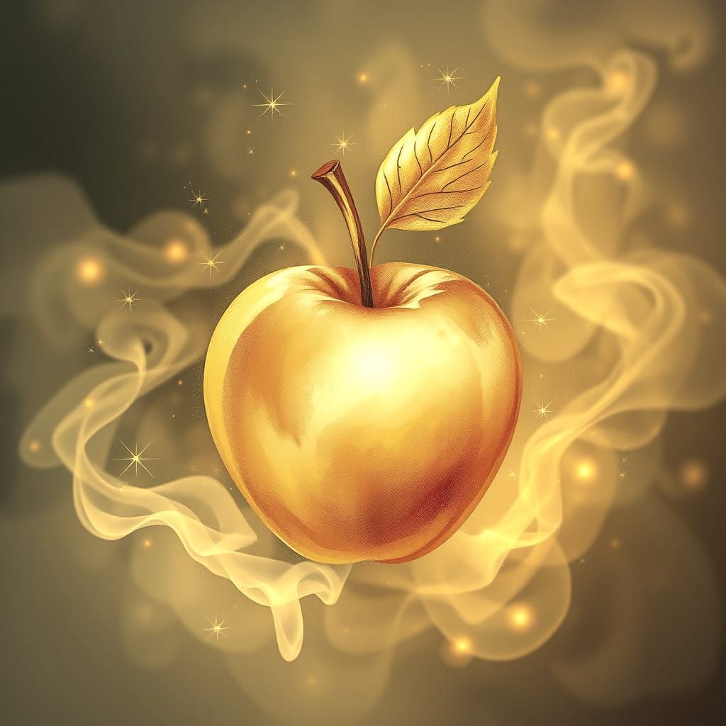 Mystical card template featuring a serene, 
hand-painted Golden shiny Apple, which gives 1 life,  icon, depicted as  delicate,
gold flame...