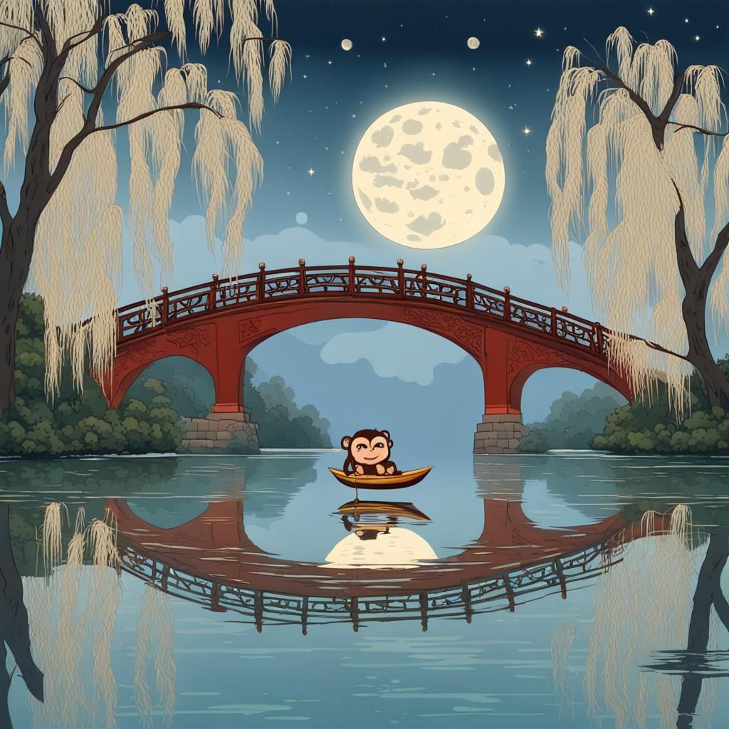 Monkey Fishing for the Moon in Neo-Impressionist Style