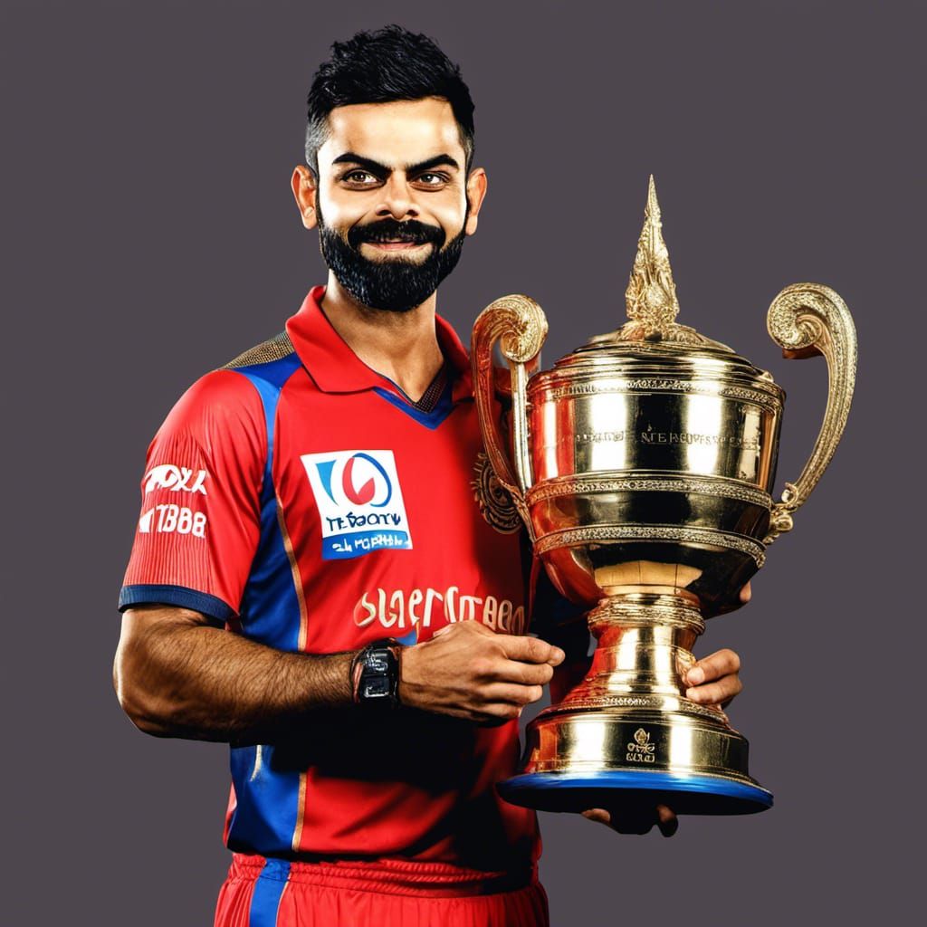 Virat kohli holding the ipl trophy. He is wearing the right RCB jersey ...