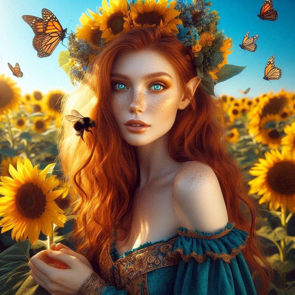 Elven Maiden in Sunflowers