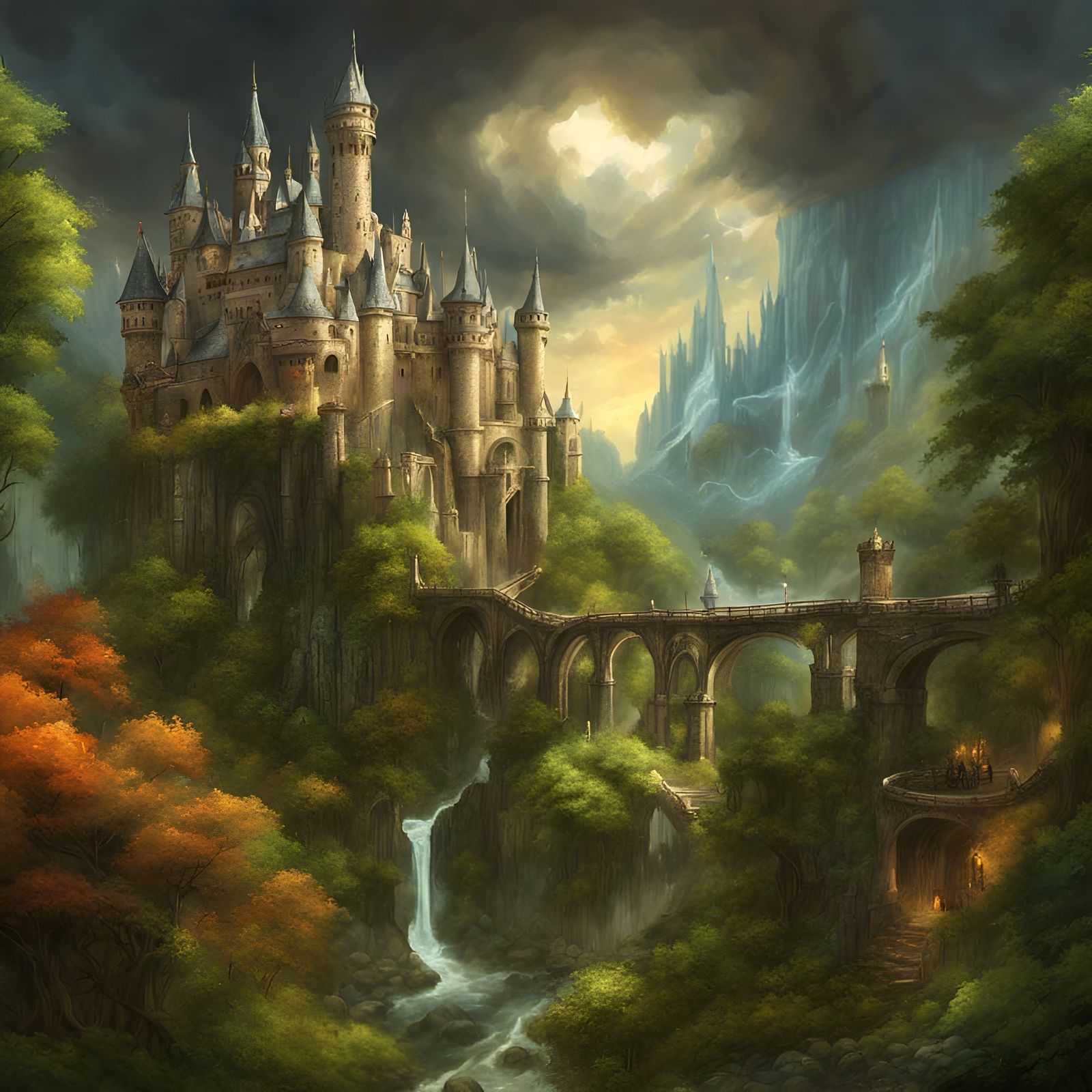 Magical castle kingdom empire with stunning forest and waterfall ...