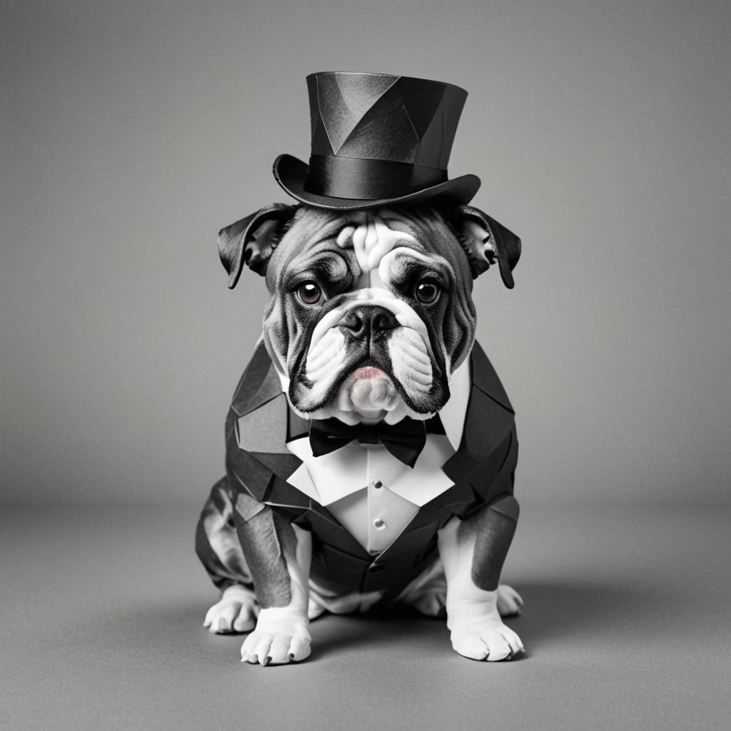 A black and white portrait of an english bulldog with a top ...