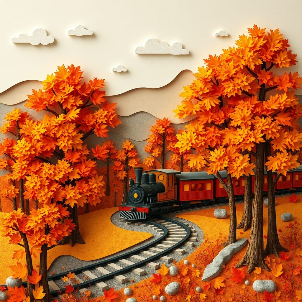 Autumnal Forest Scene with Antique Steam Engine in Collage