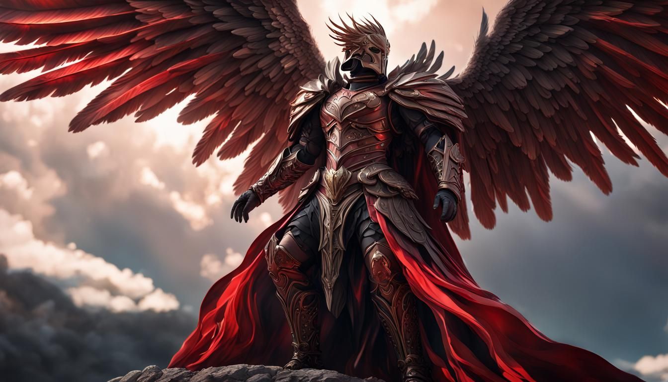 A majestic male angel rises tall in his red and black armor, his large ...